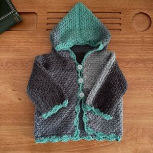 Hand Crocheted Baby Hooded Cardigan 3–6M Gray Teal Cottagecore Sweater | Granny